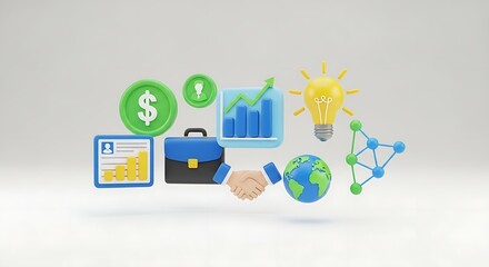 A collection of business and finance icons floating on a white background in a cartoon style