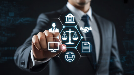 Lawyer or businessman interacting with a digital interface displaying legal and business icons
