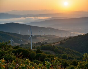 Fototapeta premium Scenic View of Wind Turbines on Hills at Sunrise with Vibrant Sky and Mountainous Landscape