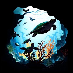 Dynamic paper art depicting an ocean ecosystem in motion, celebrating World Turtle Day and World Oceans Day, using high contrast low key lighting, deep shadows, blurred lines, and action poses