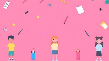 Obraz premium Children with school supplies on a pink background.