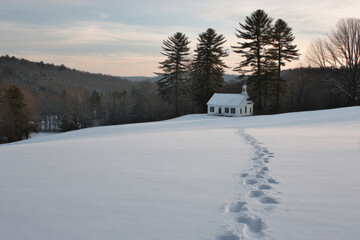snowy trail winds through quiet landscape leading to abandoned church