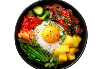 Colorful Asian bowl with rice, meat, vegetables