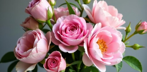 Obraz premium Delicate pink roses, peonies, and ranunculus in a spring bouquet , romantic, pretty