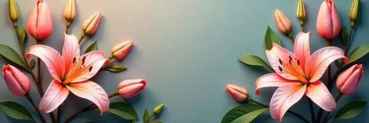 Obraz premium Intricate lilies & buds, soft color palette Curved corner frame , curve, spring, elegant