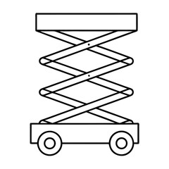 Detailed line art illustration of a fully extended scissor lift showcasing its mechanical structure and upward reach