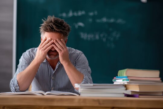 Overwhelmed teacher cries covering face with hands at school desk after making mistake, experiencing burnout and emotional stress in classroom