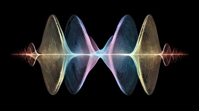 A scientific illustration of two multicolored waves interfering, showing both constructive and destructive interference on a black background, perfect for a tech or science concept.