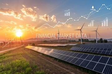 Renewable energy sources like solar panels and wind turbines at sunset with financial growth charts overlayed