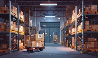 Warehouse interior, filled with stacked cardboard boxes on metal shelving.  A hand truck carrying more boxes is in the aisle