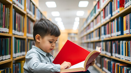 Boy reading a red book in a library