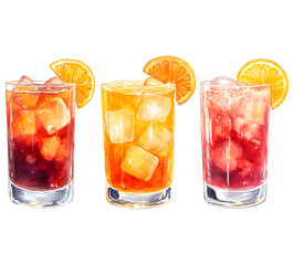 Three colorful cocktails with ice and orange slices isolated on transparent background