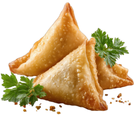 Golden-brown, crispy samosas, garnished with fresh parsley, on a dark background