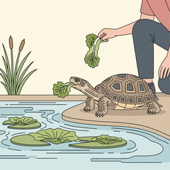 Feeding Lettuce to Land Turtle Near Pond with Lily Pads