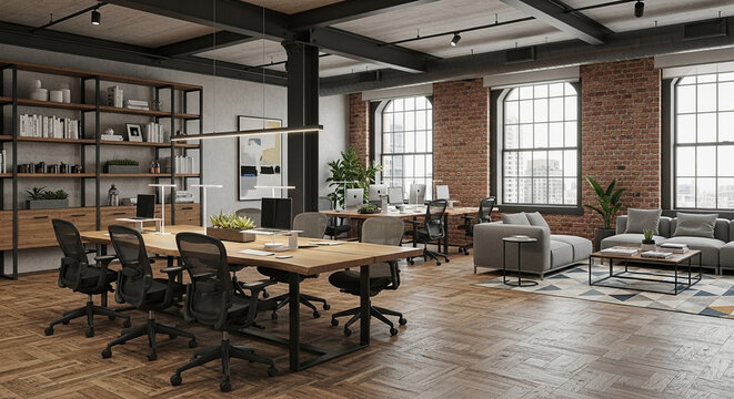 Modern office interior showcases a spacious open-plan workspace. The interior combines natural light, functional design, and elegant detailing. The office space invites productivity and comfort.