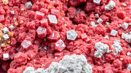 Mineral Cuprite (red copper ore) and silver crystals. Microphotography with high magnification- photo scale 10X