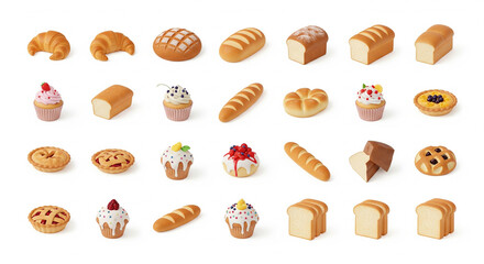 Assortment of baked goods including croissants, bread loaves, cupcakes, and pies on a white background