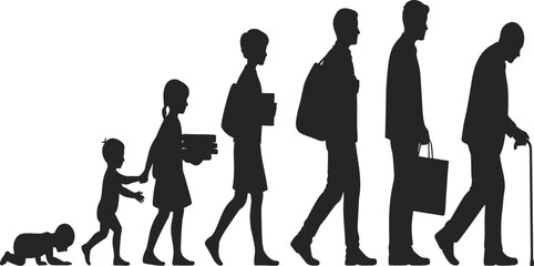 Silhouette of human life stages from baby to elderly, growing up, age progression, childhood to adulthood, generational evolution concept