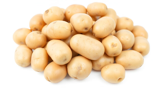 A small pile of clean washed potatoes on a white isolated background. Close-up. Side view.