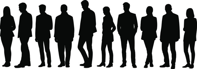 Silhouette of diverse business people standing in line, formal wear, teamwork concept, group professionals, corporate team, office staff poses