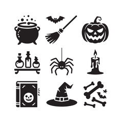 Halloween Silhouette Collection Featuring Pumpkin Spider Witch Hat Cauldron and Spooky Icons for Festive Designs