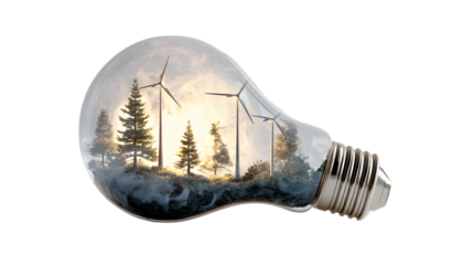 Wind turbines and trees inside of a lightbulb concept art