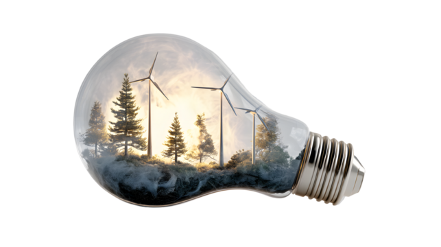 Wind turbines and trees inside of a lightbulb concept art