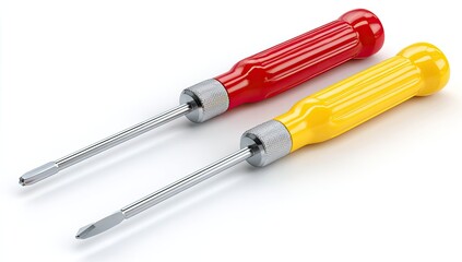 Two screwdrivers, red and yellow, lie diagonally on a white background