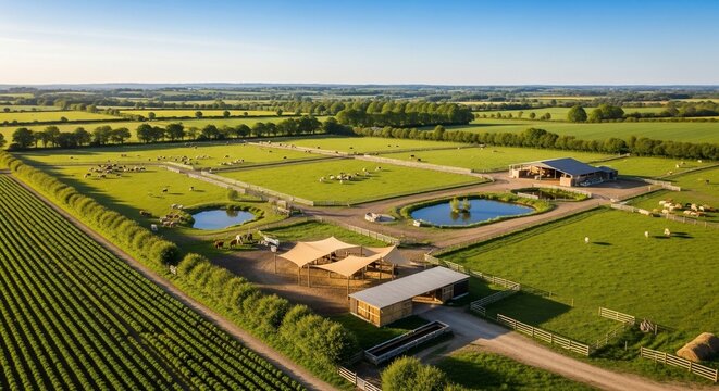 Expansive aerial view of a rural farm estate with lush green fields, tranquil ponds, modern agricultural buildings, and a canopy structure, bathed in warm su...