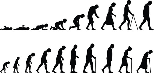 Human life cycle stages, baby to elderly, silhouette evolution of man and woman, aging process timeline, flat vector illustration