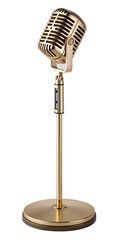 Fototapeta premium Gold-colored microphone on a matching stand. The microphone has a classic, retro design with a prominent grille. The stand is also gold-colored, with a round, dark base.