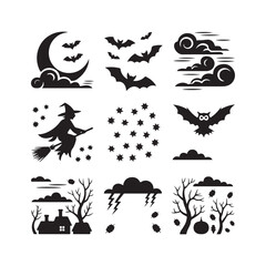 Naklejka premium Halloween Silhouette Icons Set Witch Bats Moon Stars Clouds House Trees Weather and Pumpkin Vector Design