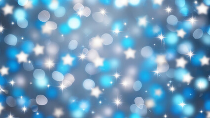 Beautiful, abstract background of sparkling silver stars and blue bokeh lights, creating a shimmering and dreamy holiday feel