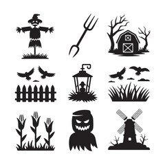 Harvest Season Black Silhouettes Vector Illustration with Scarecrow Barn Cornfield and Windmill for Farm Agriculture and Halloween Theme Designs