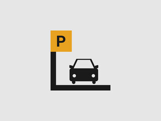 It features a solid black silhouette of a car in a parking spot