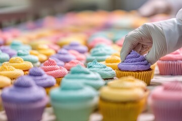 A baker decorates colorful cupcakes in a vibrant kitchen filled with sweet treats