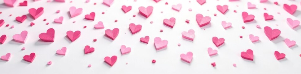 Fototapeta premium Scattered pink heart sprinkles, white backdrop, sugar, heart shaped