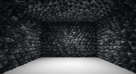 Empty square room with Creative background assembled with black and gray origami tetrahedrons on wall
