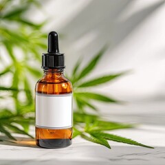 Amber bottle with dropper, cannabis leaves