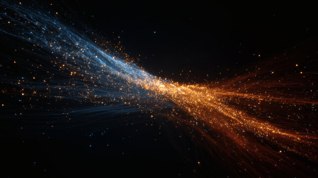 A wide stream of glowing particles, representing data, flows from a single source and splits into several smaller, different-colored streams, like a river delta or a Sankey diagram.