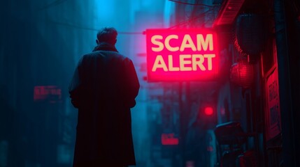 A man in a long coat stands in a dimly lit alley, illuminated by a striking red 'SCAM ALERT' sign, creating a moody, suspenseful atmosphere.