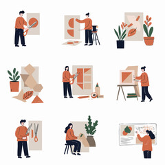 Illustrations of Creative People Crafting Abstract Art: Collage, Painting, and Design Activities