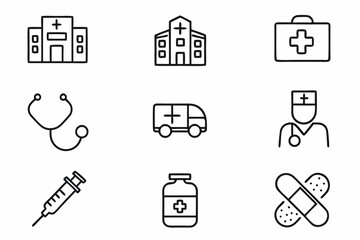 Set of medical icons including hospitals clinics and healthcare symbols in simple line style