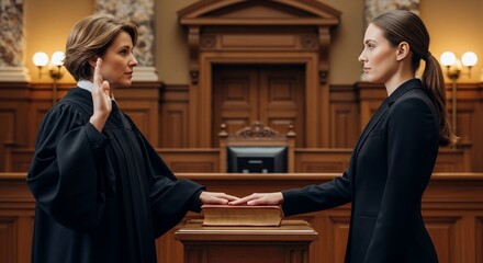 A judge administers an oath to a witness in a courtroom, with her hand raised and placed on a book.