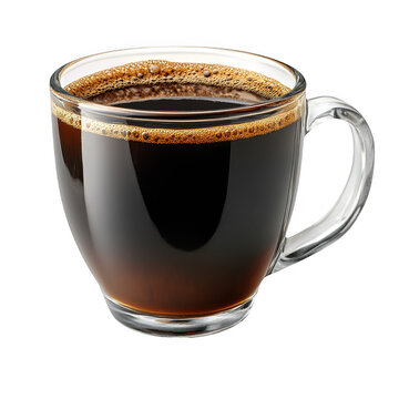 A clear glass mug filled with dark hot coffee and a frothy layer of crema isolated on transparent background