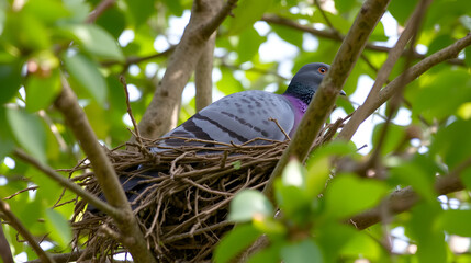 A pigeon is roosting in a tree canopy with twigs and leaves surrounding its body , roosting, bird,  roosting, bird,pigeon