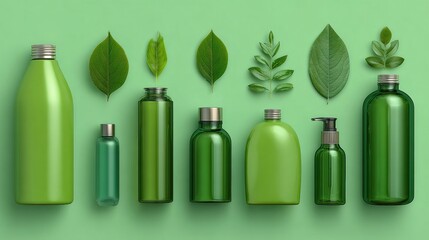 Green Bottles With Leaves Arranged on a Vibrant Green Background Showcasing Sustainability and Eco-Friendly Packaging