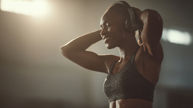 confident woman in headphones is smiling while exercising on clean ultrabright background