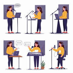 Flat Design Vector Illustration of Woman Recording Audio for Broadcast or Music