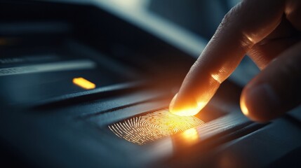 Finger Touching Biometric Scanner to Unlock Device at Digital Identification Checkpoint During Daylight Hours